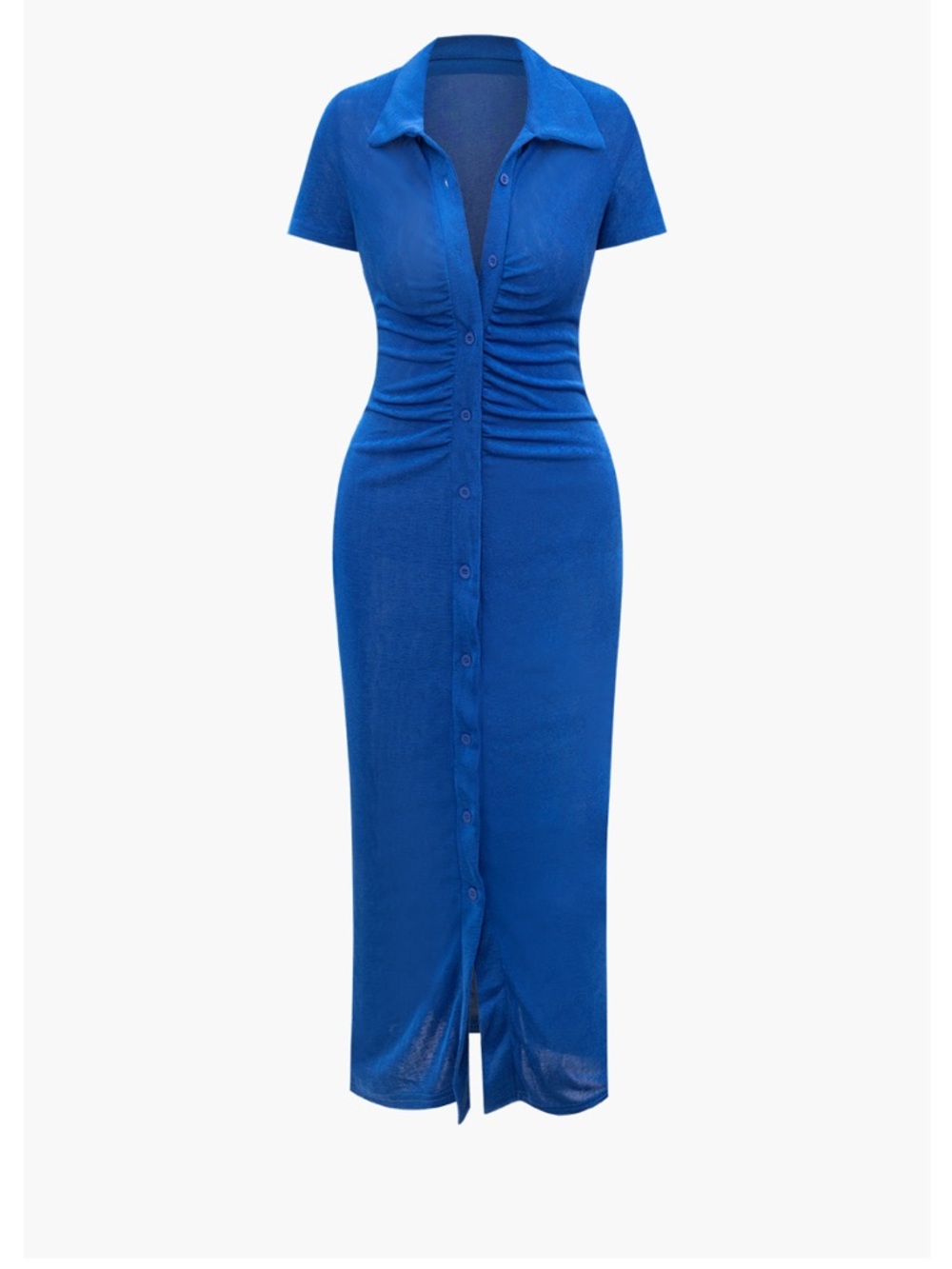 Ruched Button-Front Midi Dress in Bright Blue